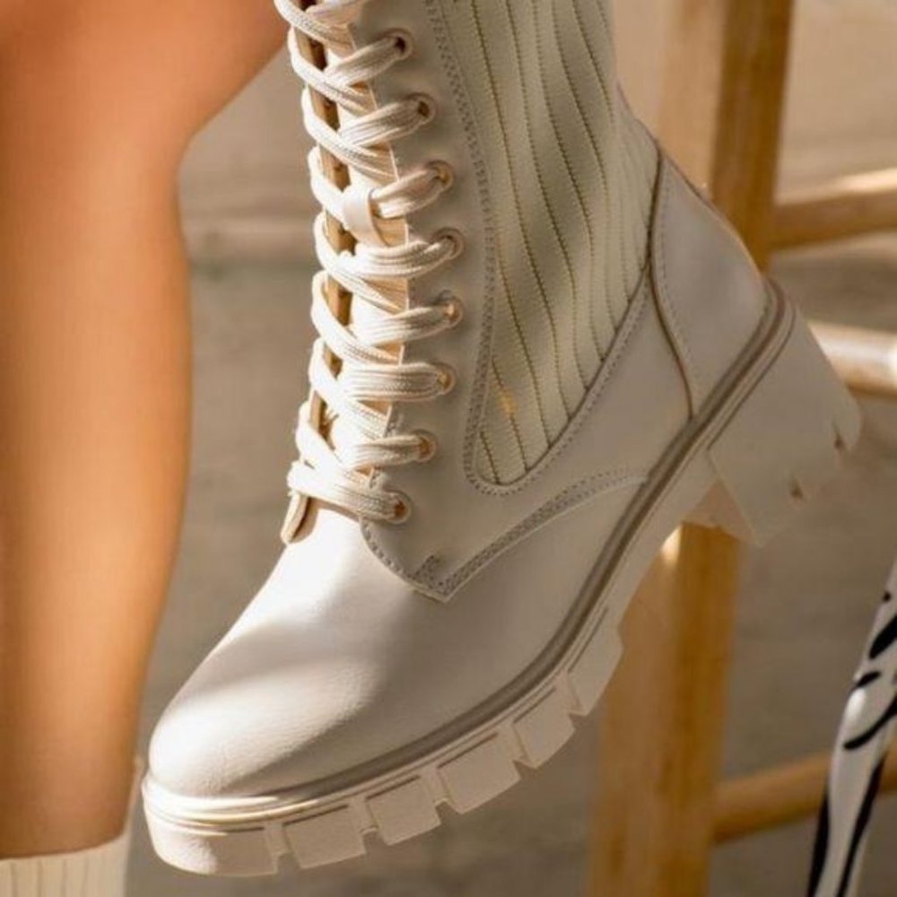 Bone Knit Shaft Lace Up Combat Boots - Picture 3 of 5